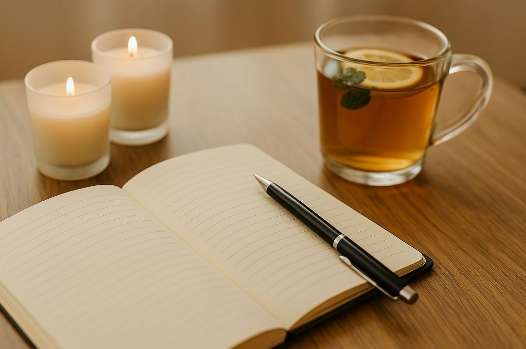 A self-awareness journal open beside calming spa elements, encouraging spa owners to reflect on emotions.