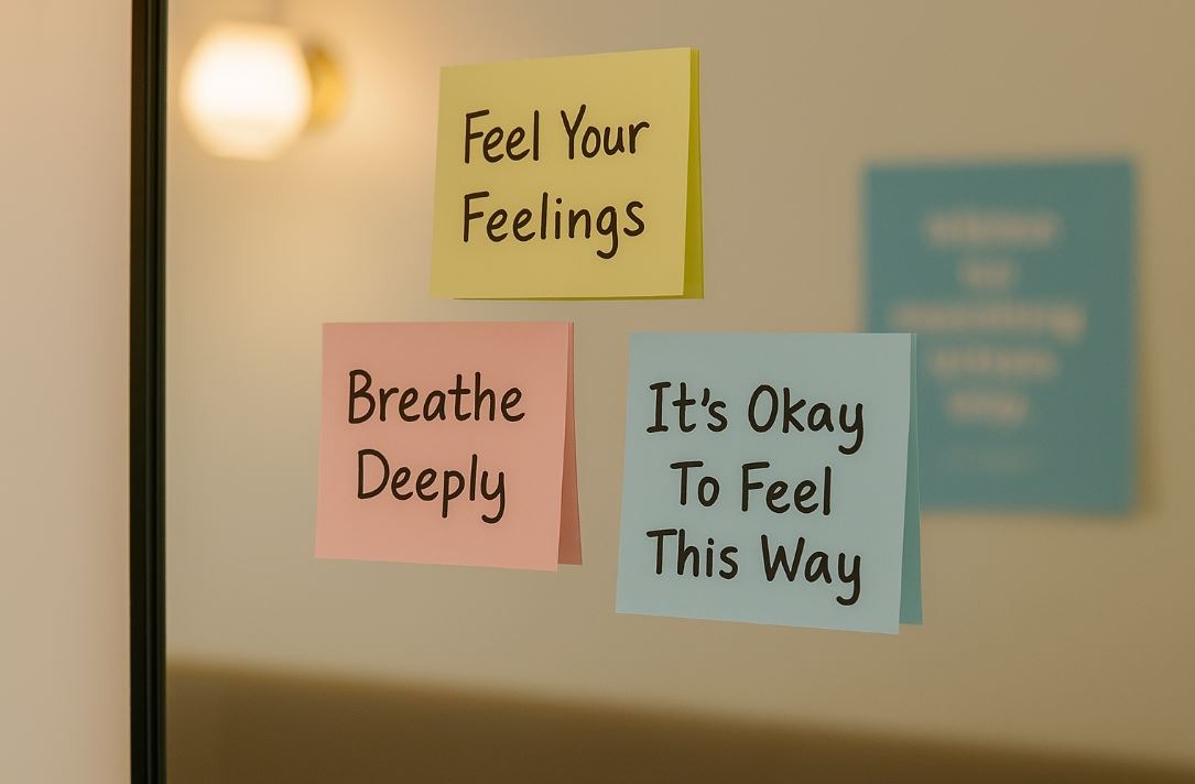 Mirror with handwritten self-reflection prompts used by spa professionals for emotional growth.