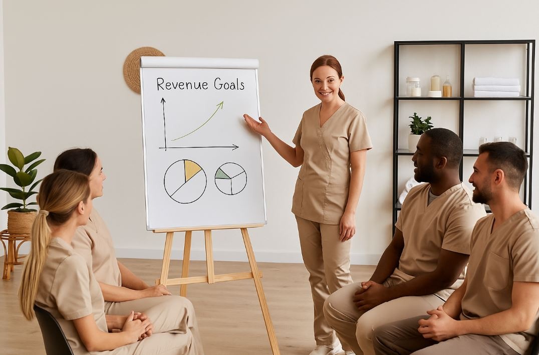 Spa staff learning about financial metrics in a team meeting.