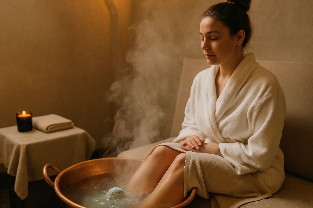 Guest relaxing in spa steam room during CBD chromotherapy and foot soak ritual.
