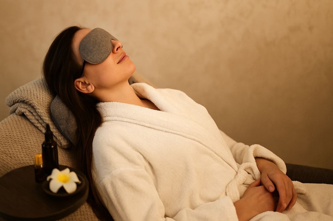 Relaxed spa client resting with CBD oil treatment complete and guided meditation playing.