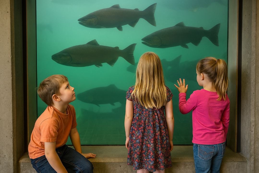 Kids watching salmon through the hatchery viewing window during a guided educational tour.