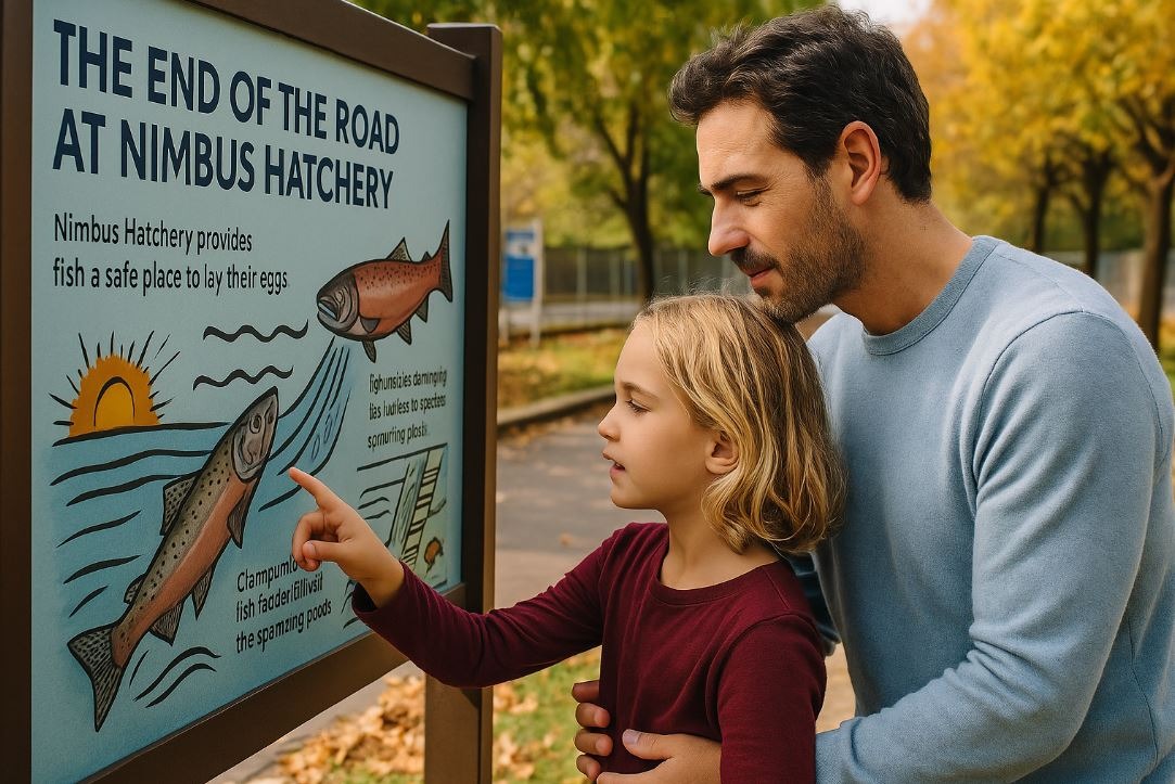 Family reading about salmon habitats at an outdoor sign on the Nimbus Discovery Trail.