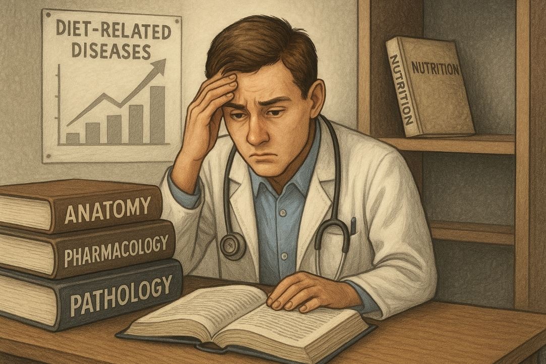 Medical student surrounded by textbooks with nutrition book neglected on a shelf, symbolizing lack of nutrition training in medical education.