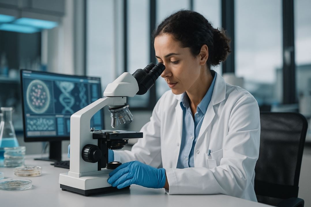 Scientist analyzing microbiome samples in lab setting.