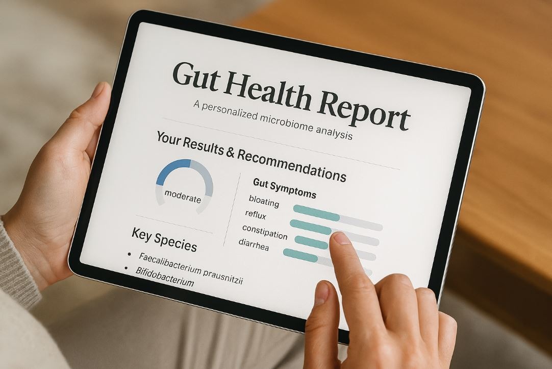 Person reviewing personalized gut microbiome test results.