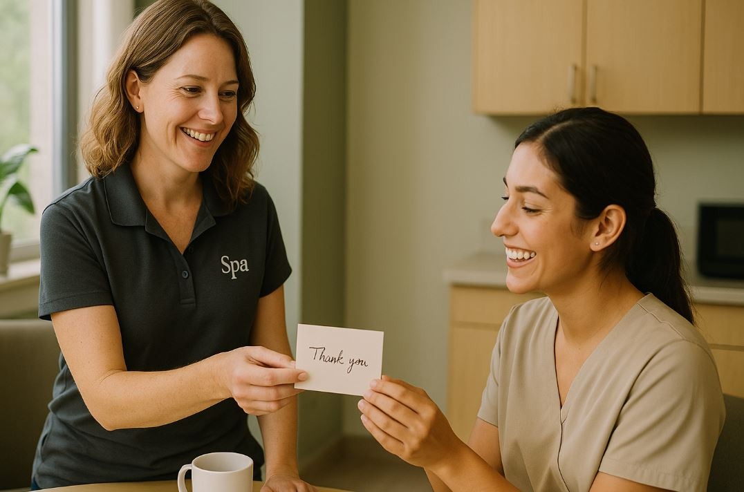 Spa manager handing an appreciation card to a smiling team member in a spa break room.