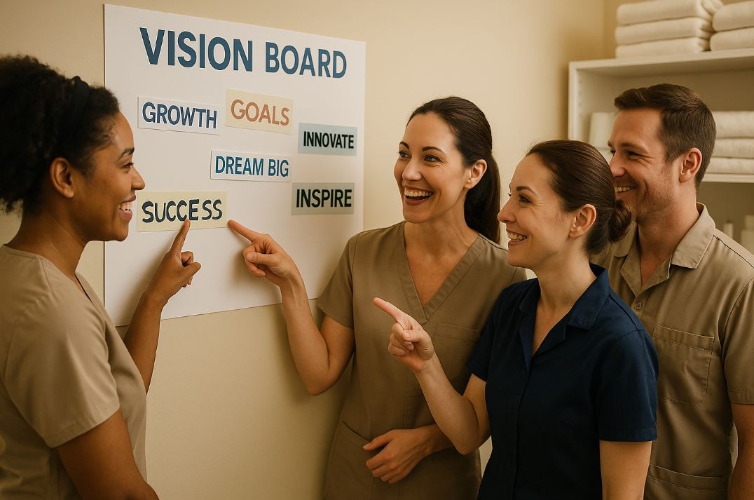 Spa staff reviewing a shared vision board for purpose-driven teamwork.