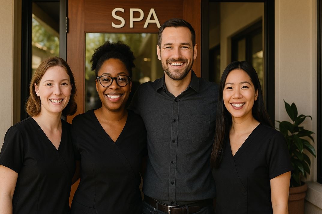 Spa director speaking candidly with her team during a staff check-in.