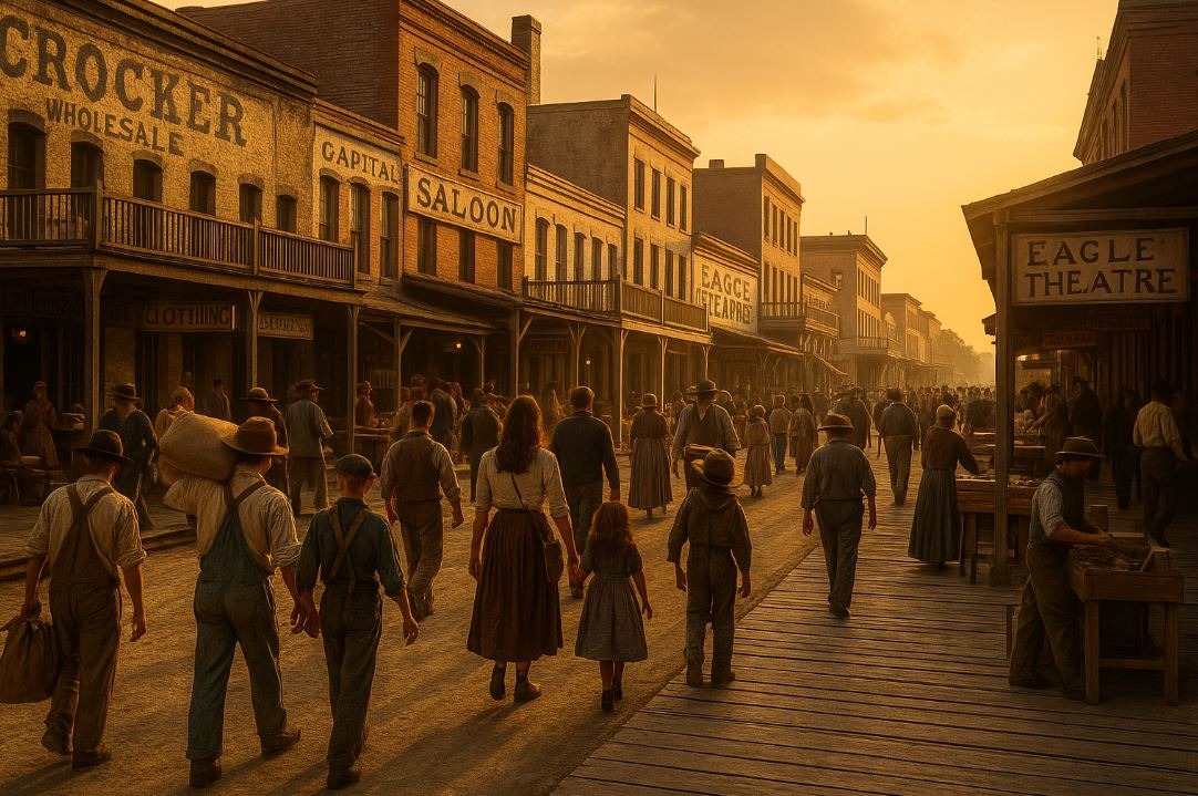 People walking and working on a wooden boardwalk during the Gold Rush era, surrounded by historic buildings in warm sunset light.