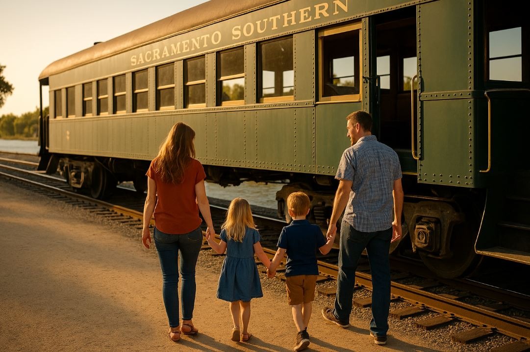 Family boarding Sacramento Southern Railroad train ride