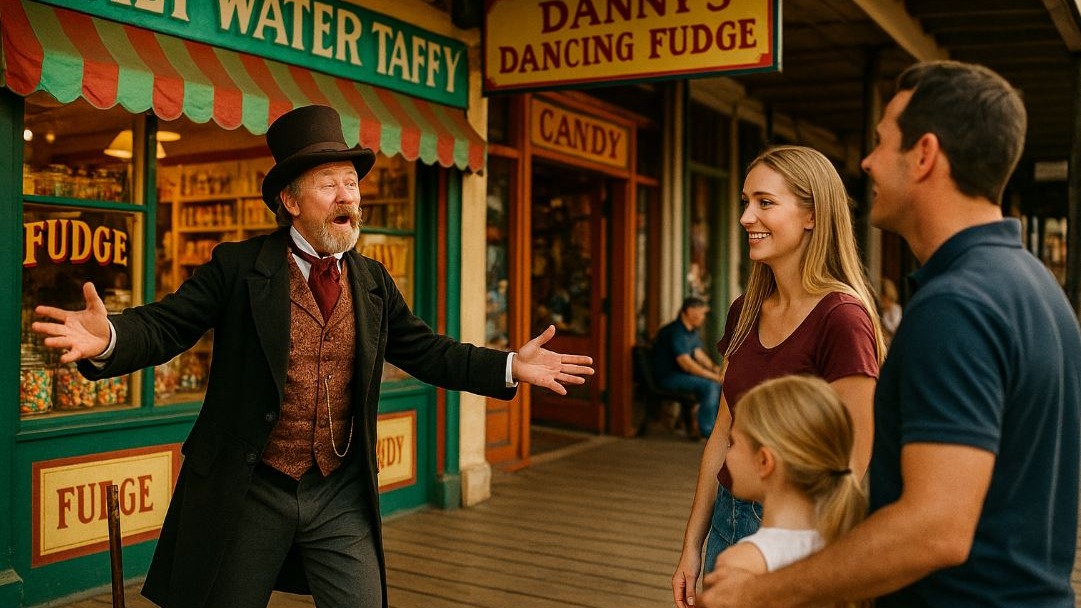 Street performer in historic attire entertaining Old Sacramento visitors