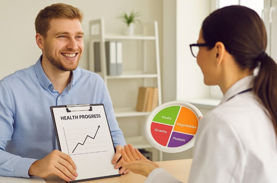 Dietitian showing food model to smiling patient tracking their health progress.