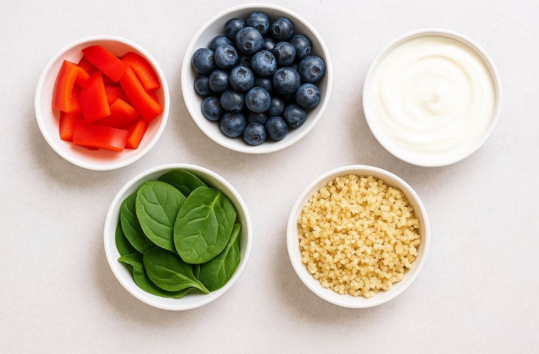 Five colorful plant-based food samples promoting anti-inflammatory eating.