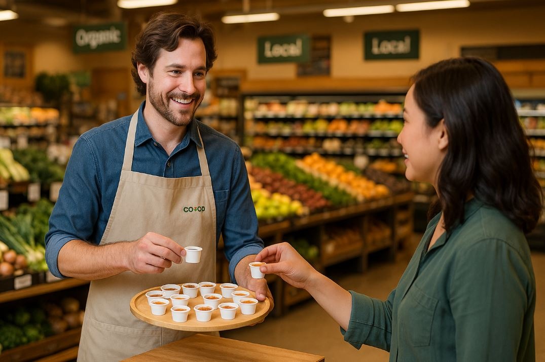 Smiling grocery store staff member in an apron offering a food sample to a customer inside a co-op, with fresh produce displayed in the background.