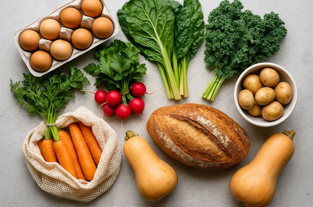 Flat lay of fresh organic groceries from a farmer’s market, including eggs, leafy greens, carrots, radishes, potatoes, butternut squash, and artisanal bread on a kitchen counter.