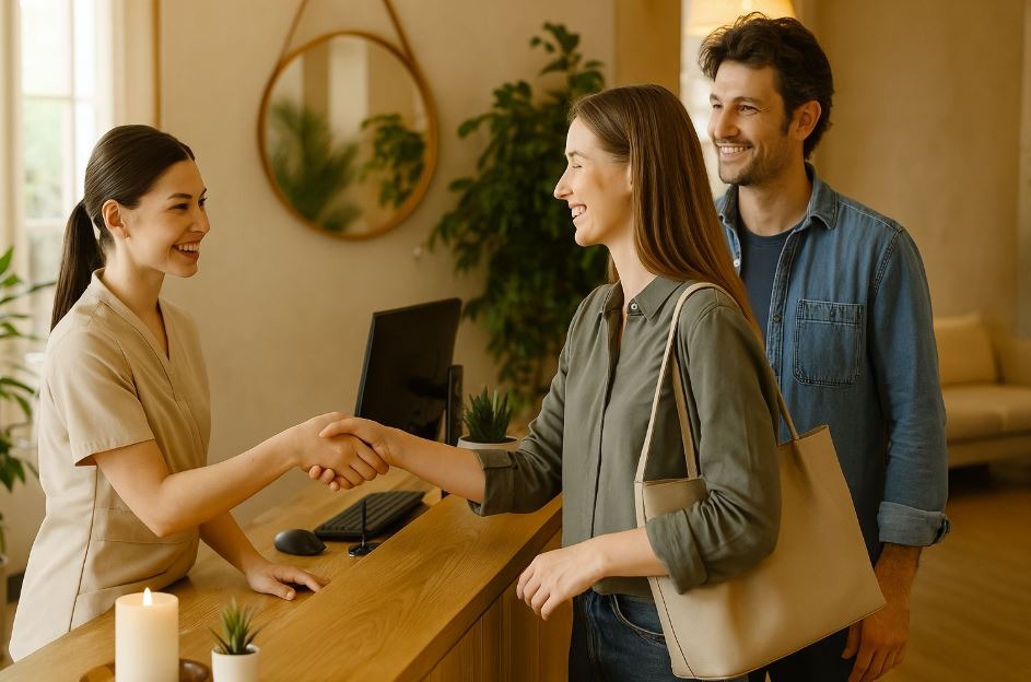 Spa receptionist warmly greeting loyal returning clients in a cozy, well-lit lobby.