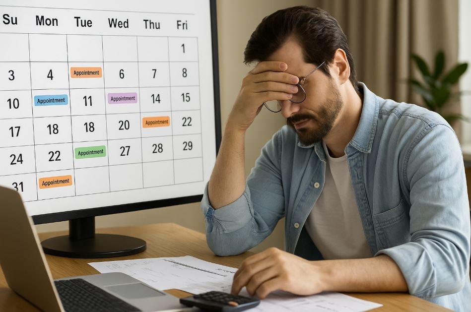 Frustrated spa owner looking at a schedule with many cancellations and inconsistent bookings.