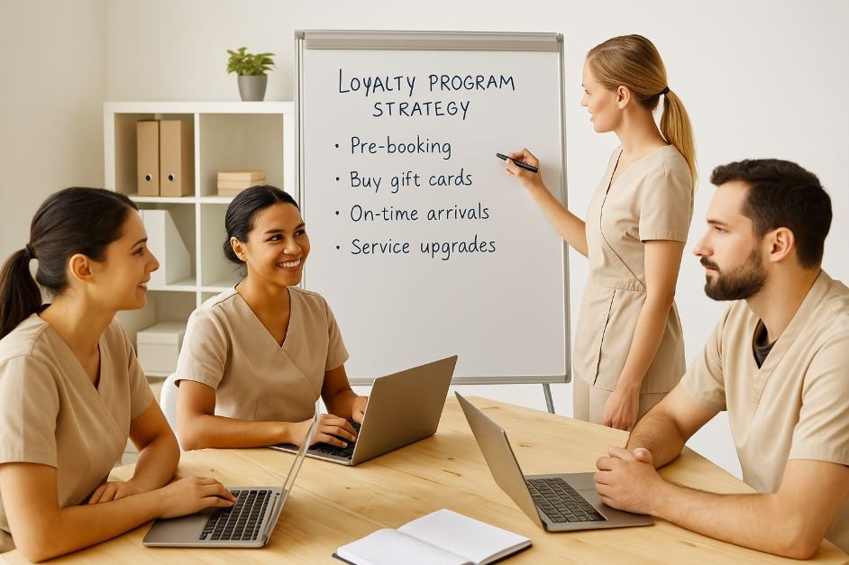 Spa business team discussing how to implement an effective loyalty program.