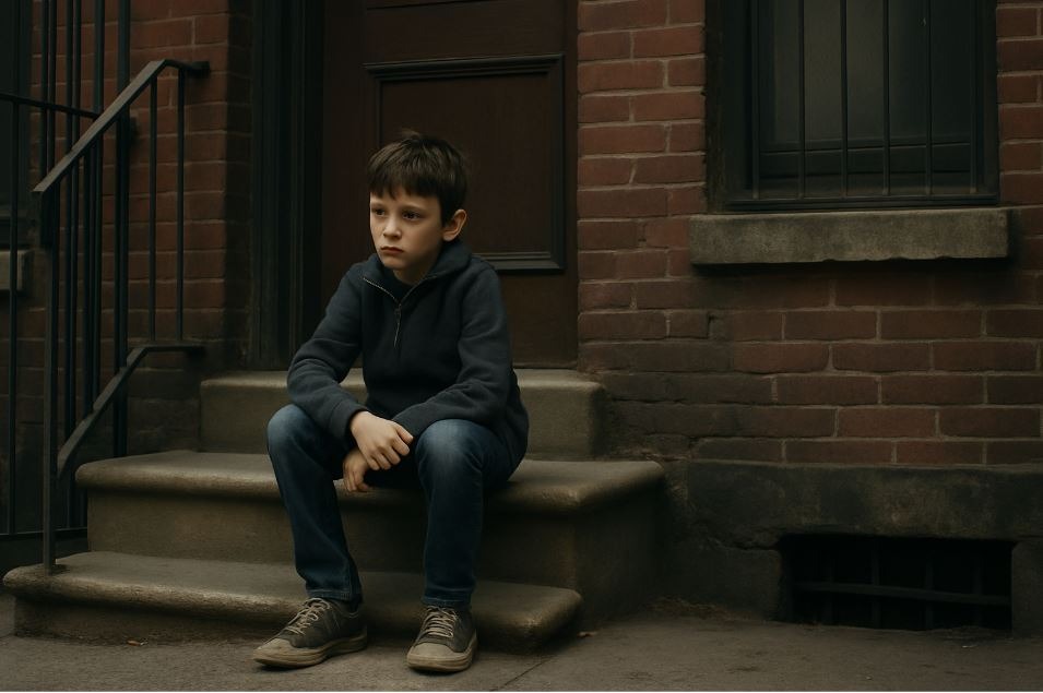 Young boy on apartment steps in Brooklyn, representing humble roots.