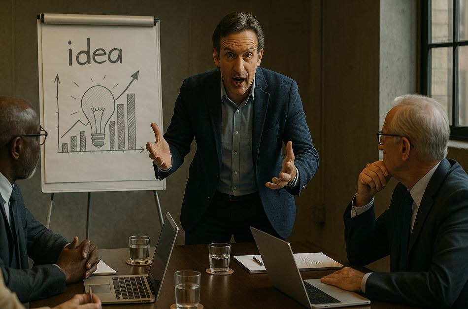 Entrepreneur pitching vision to skeptical investors.