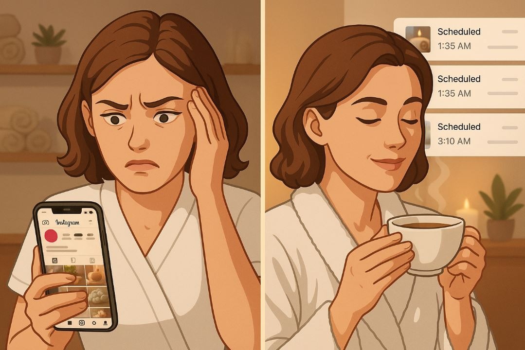 Before-and-after of spa owner feeling overwhelmed by social posting, then relaxed after using a scheduler