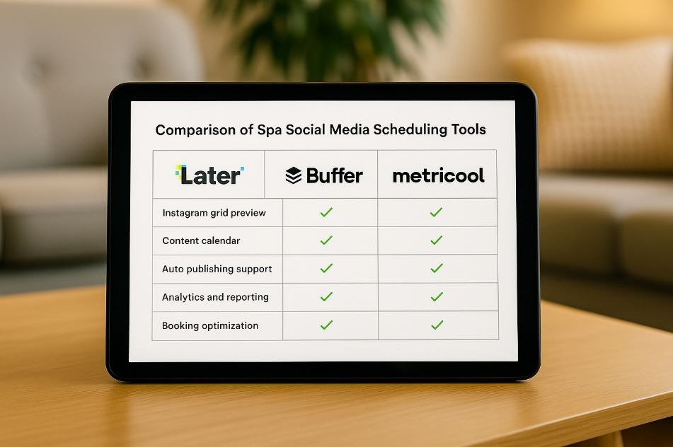 Side-by-side comparison of Later, Buffer, and Metricool tools for spa marketing