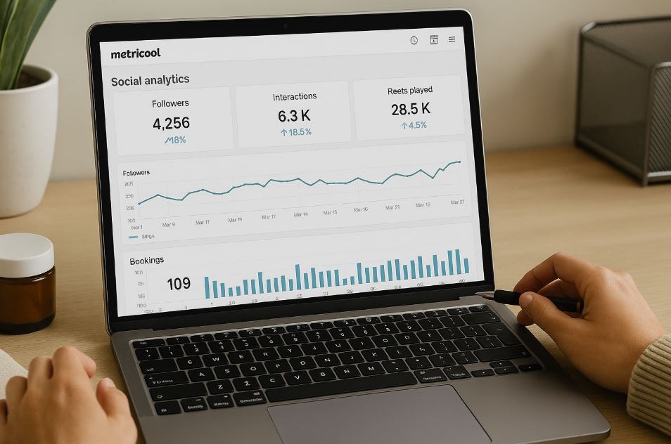 Spa owner tracking content analytics and ad results using Metricool