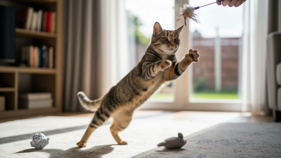 Engaging playtime for cats enhances feline safety and reinforces instinctual behaviors.