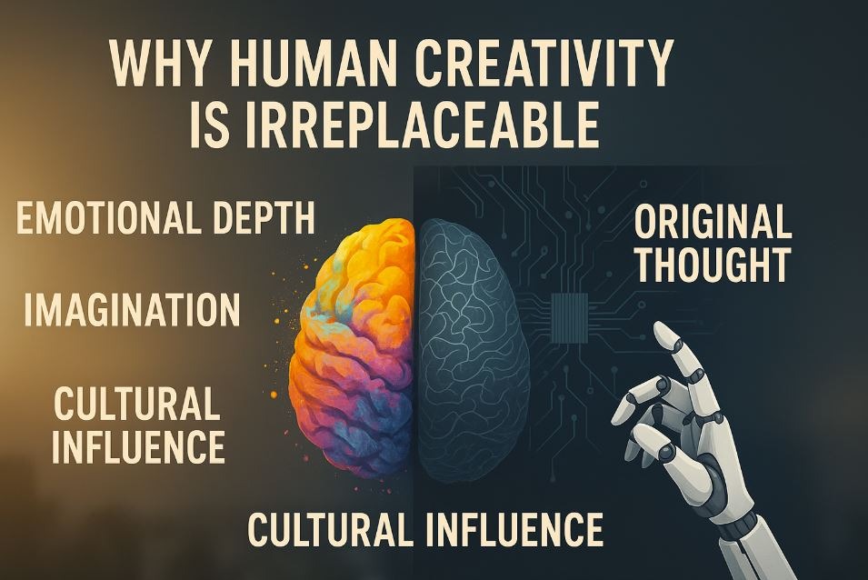 Infographic showing a colorful brain vs. robotic hand, highlighting why human creativity—imagination, emotion, culture—is irreplaceable by AI.