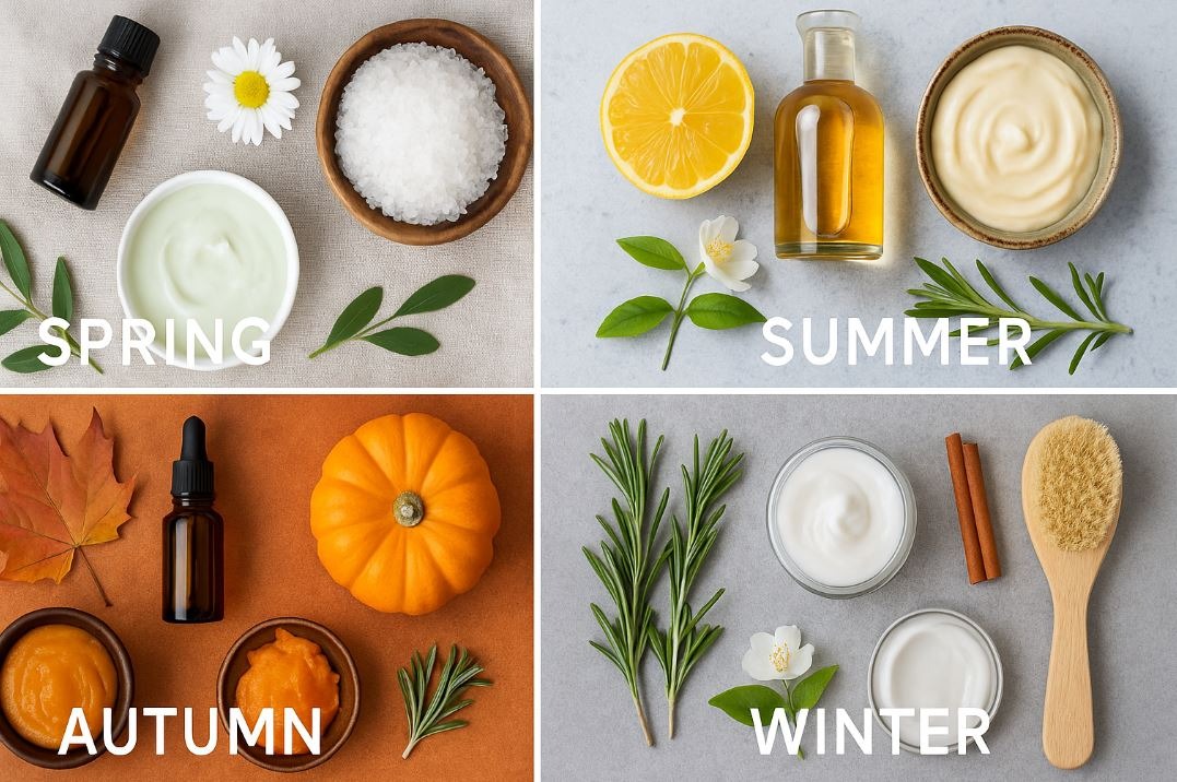 Seasonal spa mood board divided into four sections—spring, summer, fall, and winter—featuring skincare products, herbs, and spa accessories themed to each season.