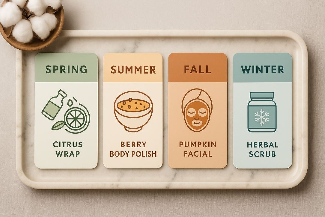Seasonal spa treatment menu samples presented visually as branded service cards.