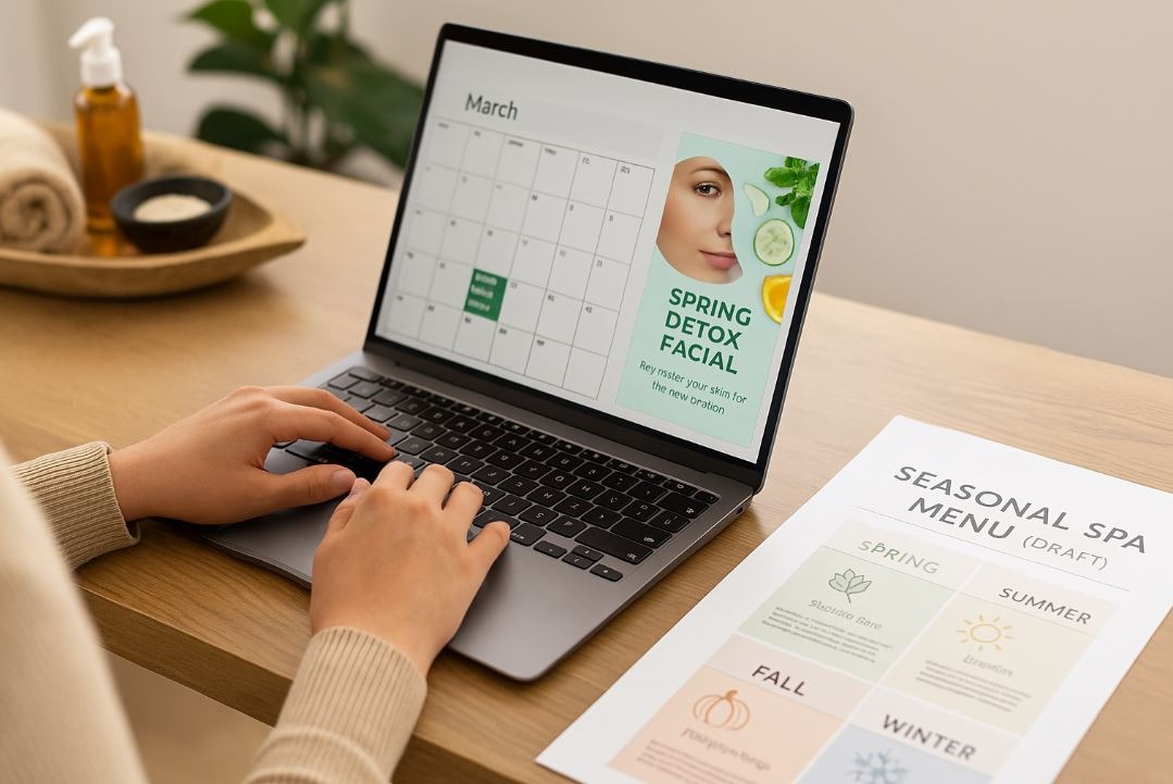 Spa manager planning seasonal spa menu in booking software and printed materials.