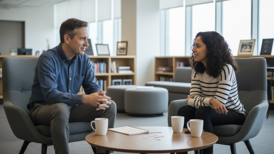 Reed Hastings converses with an employee, showcasing openness and mutual respect.
