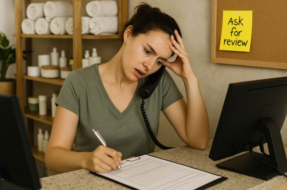 Spa receptionist overwhelmed with manual review follow-ups and multitasking.