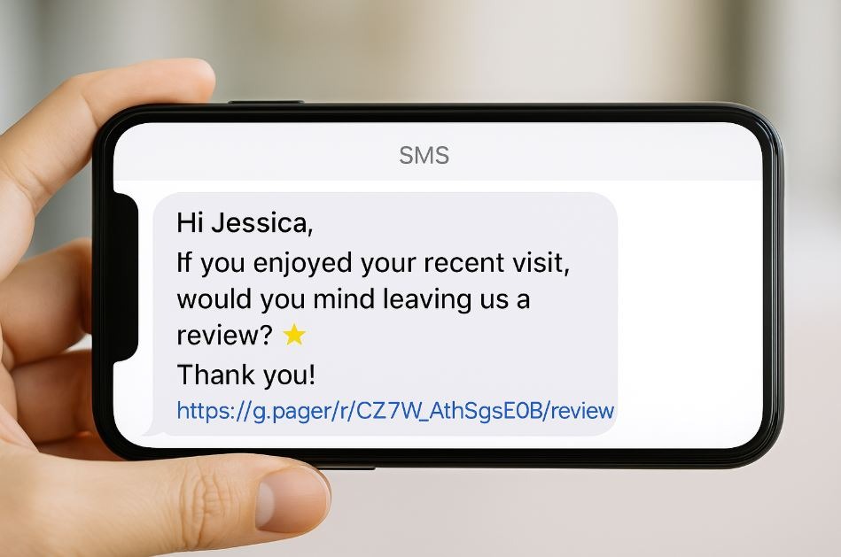 Automated review request message sent by Podium or NiceJob on a client’s smartphone.