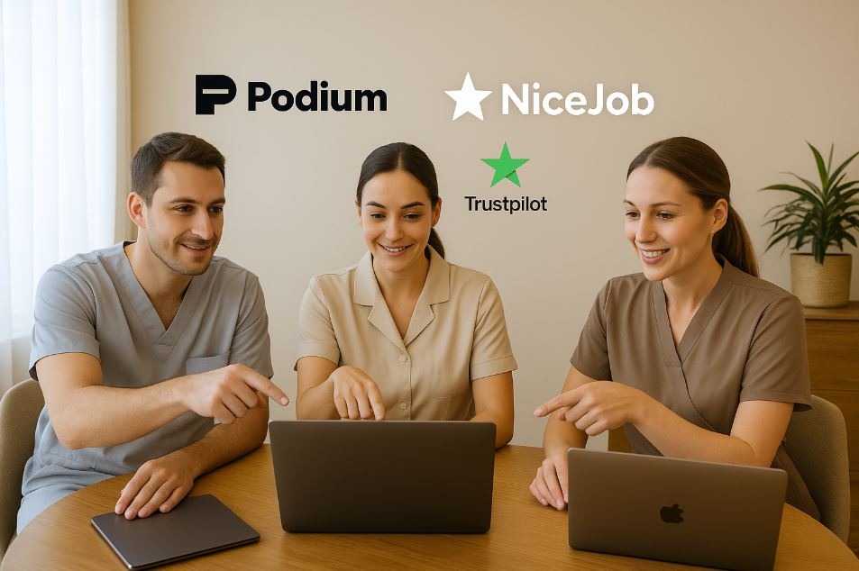 Spa owners evaluating NiceJob, Podium, and Trustpilot features in a team meeting.