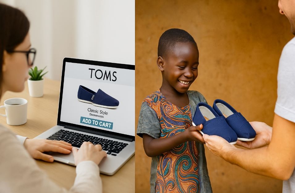 Side-by-side image of a shoe purchase and donation reflecting the One for One model.