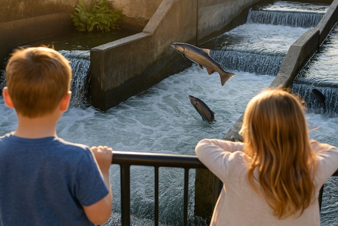 Kids observing salmon at Nimbus Fish Hatchery fish ladder.