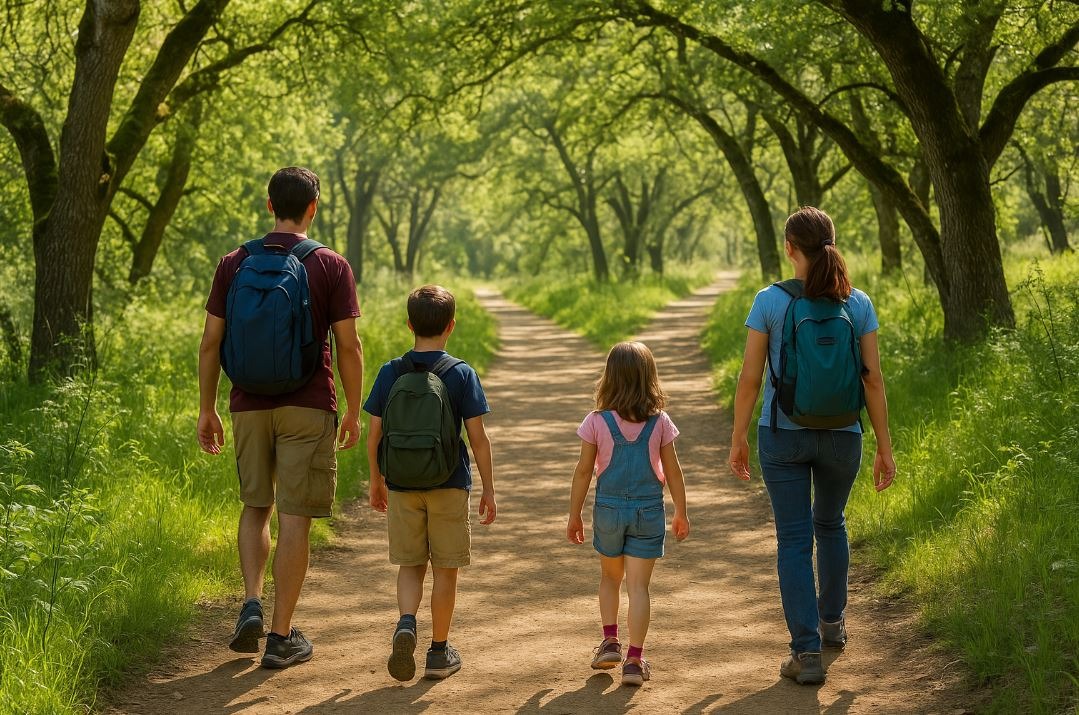 Family hiking under oak trees in Folsom Lake trail area.