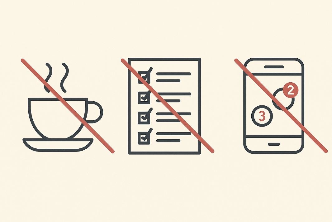 Visual myths of morning energy: caffeine, busyness, screen time.