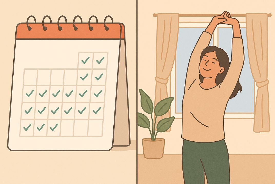 Morning routine consistency shown through habit tracking and light movement.