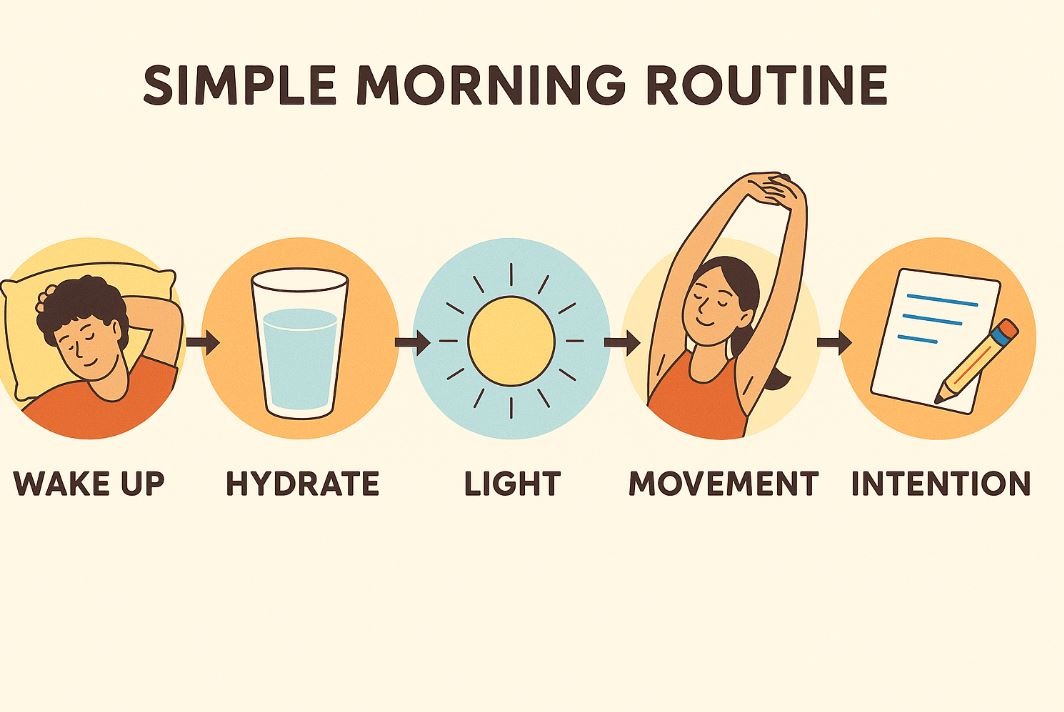tep-by-step visual guide of a 30-minute energizing morning routine.