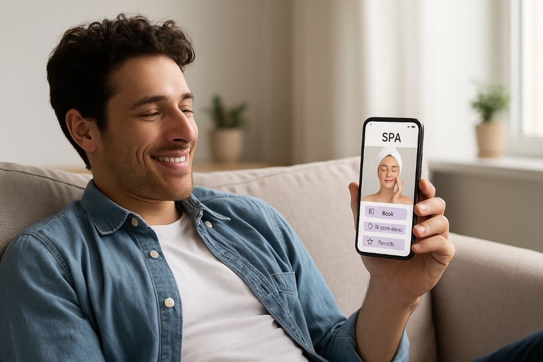 Client using mobile spa app for booking and skincare advice.