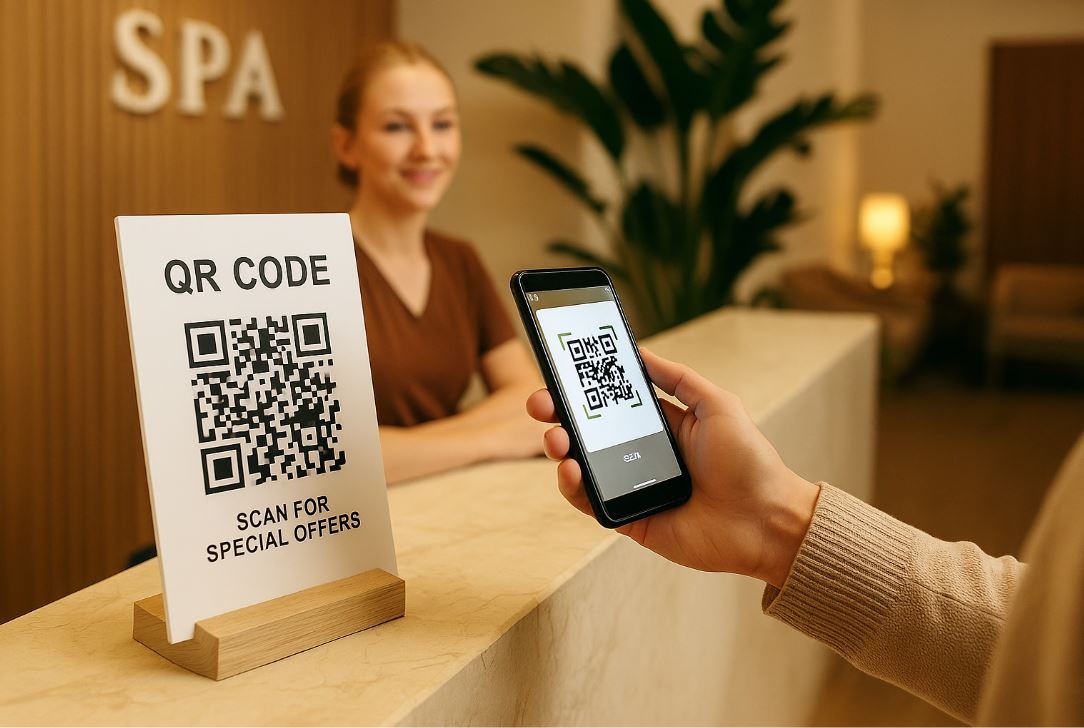 Spa guest scanning QR code for personalized digital experience.