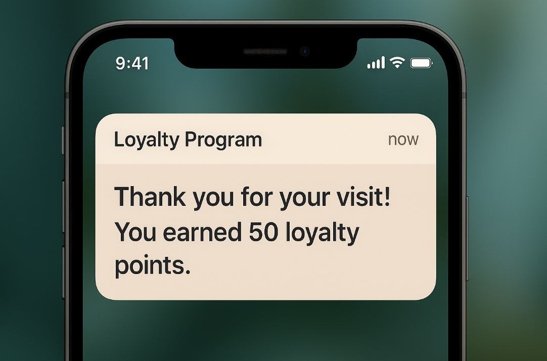 Spa app showing personalized follow-up and loyalty messaging.