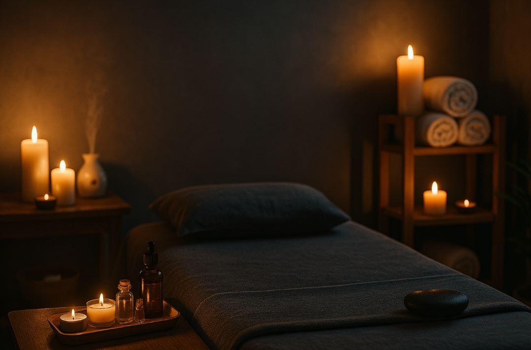 Calm spa room with candles and essential oils, symbolizing hidden challenges spa owners face.