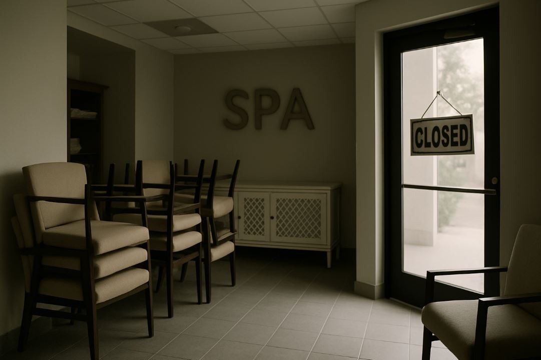 Spa business closed sign with empty chairs, representing the emotional weight of business setbacks.