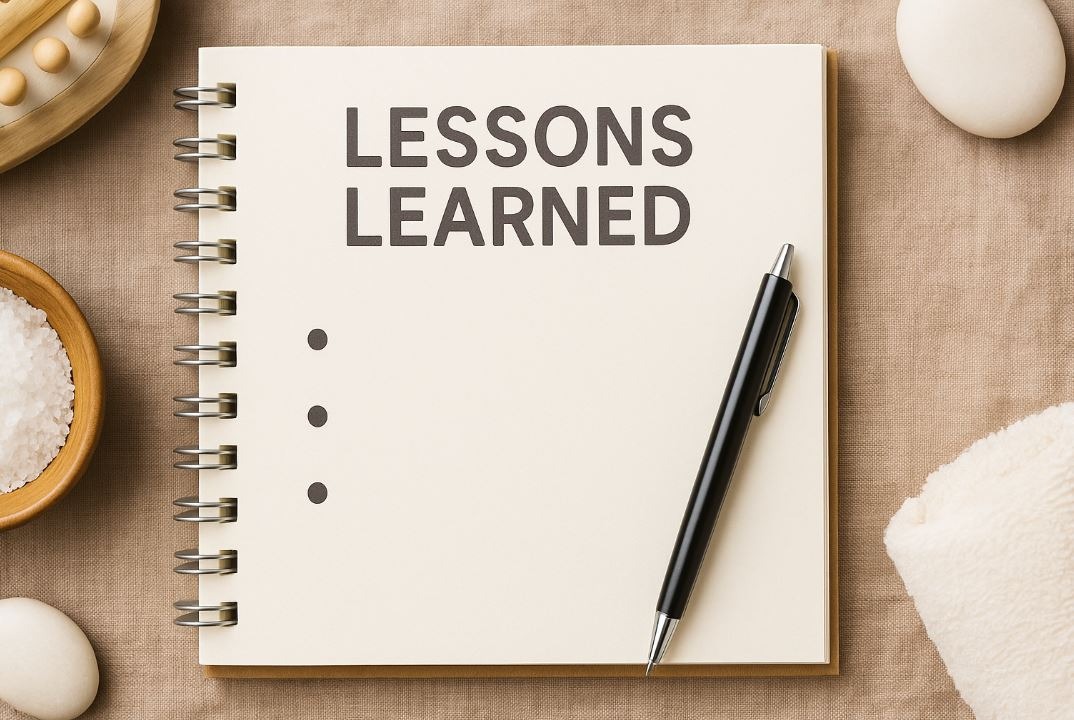 Notebook listing key business lessons for spa owners who are rebuilding.