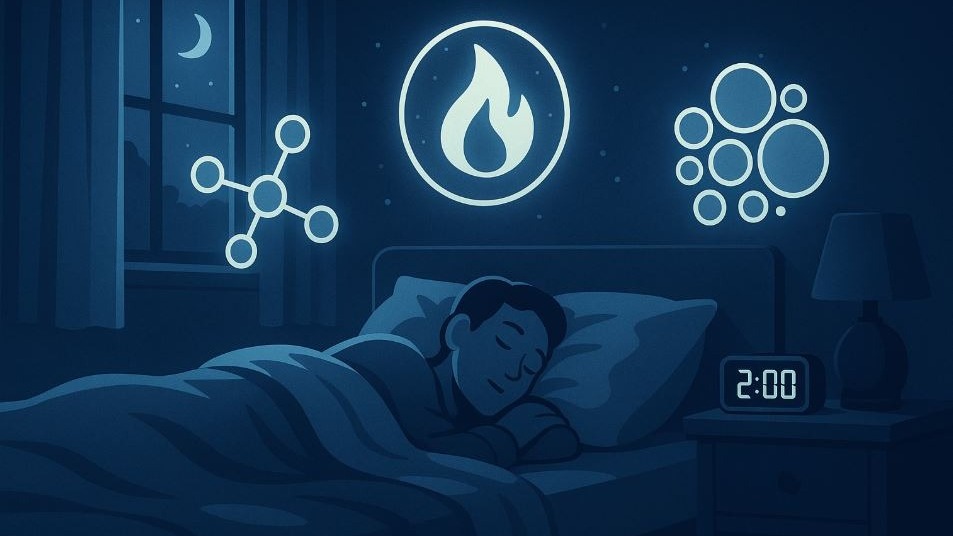 Person sleeping in a moonlit room with symbolic icons of metabolism and fat burning around them, illustrating scientific fat burn during sleep.